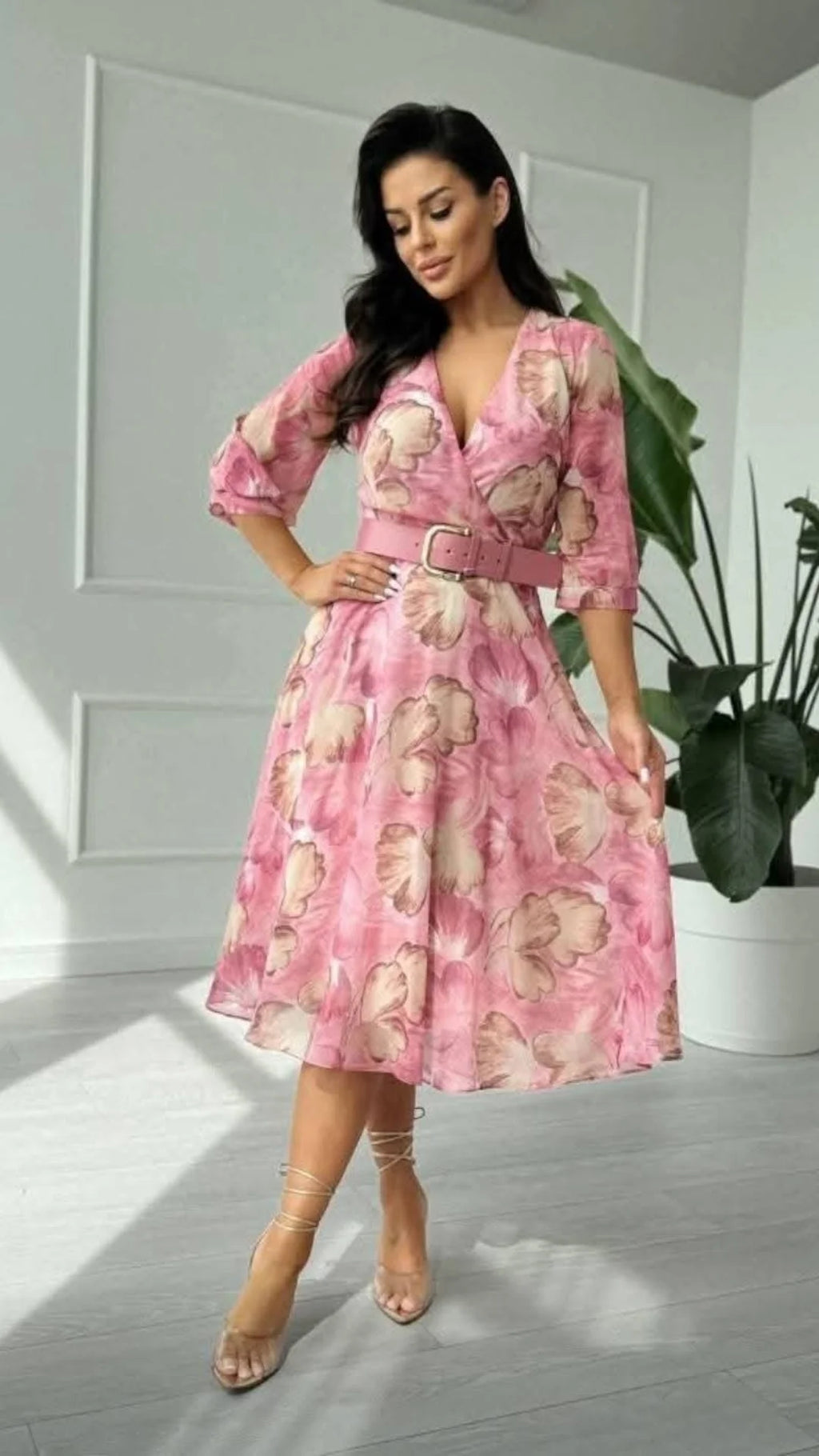 Pink Beige Shiffon Dress with Belt