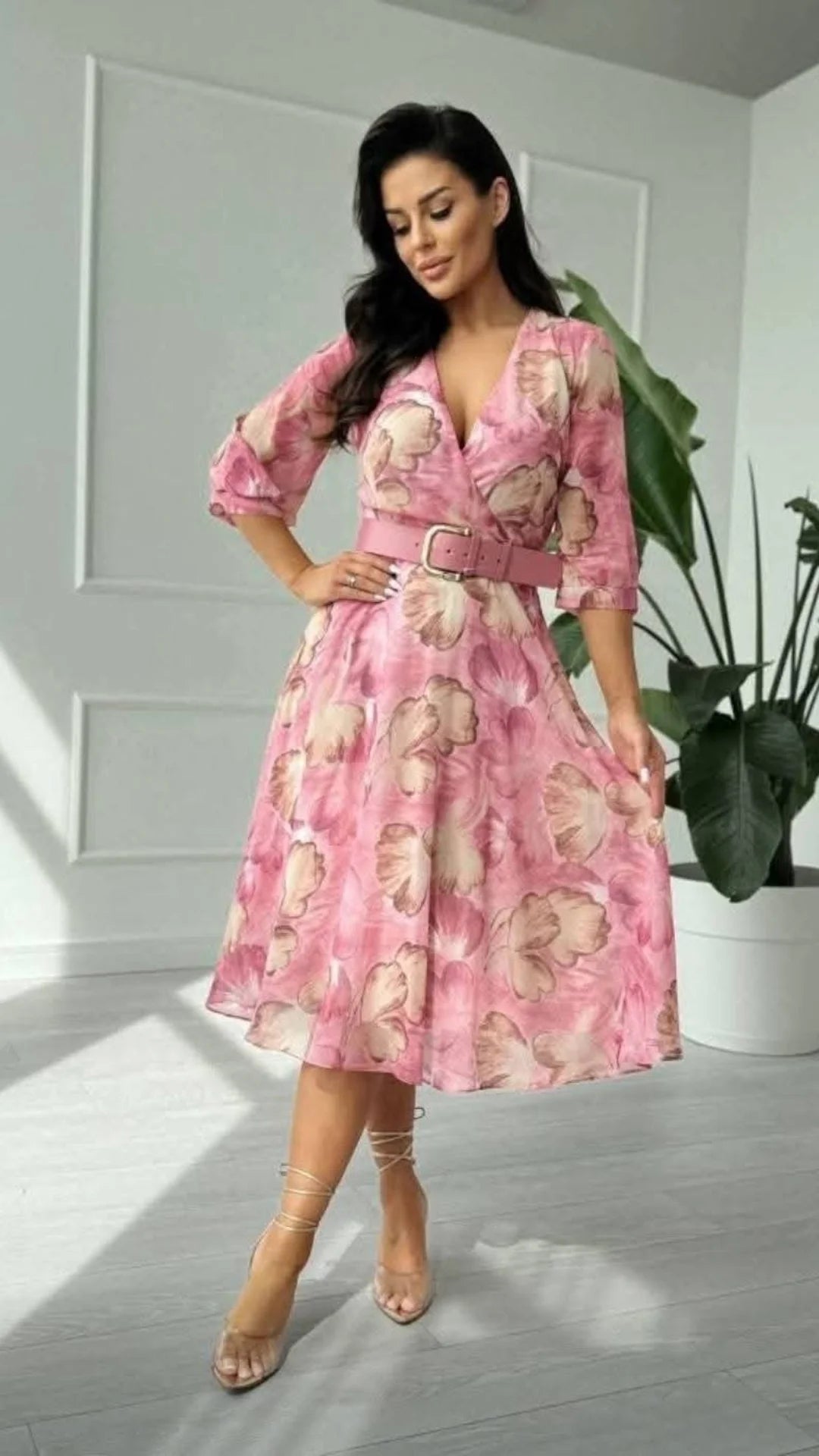 Pink Beige Shiffon Dress with Belt