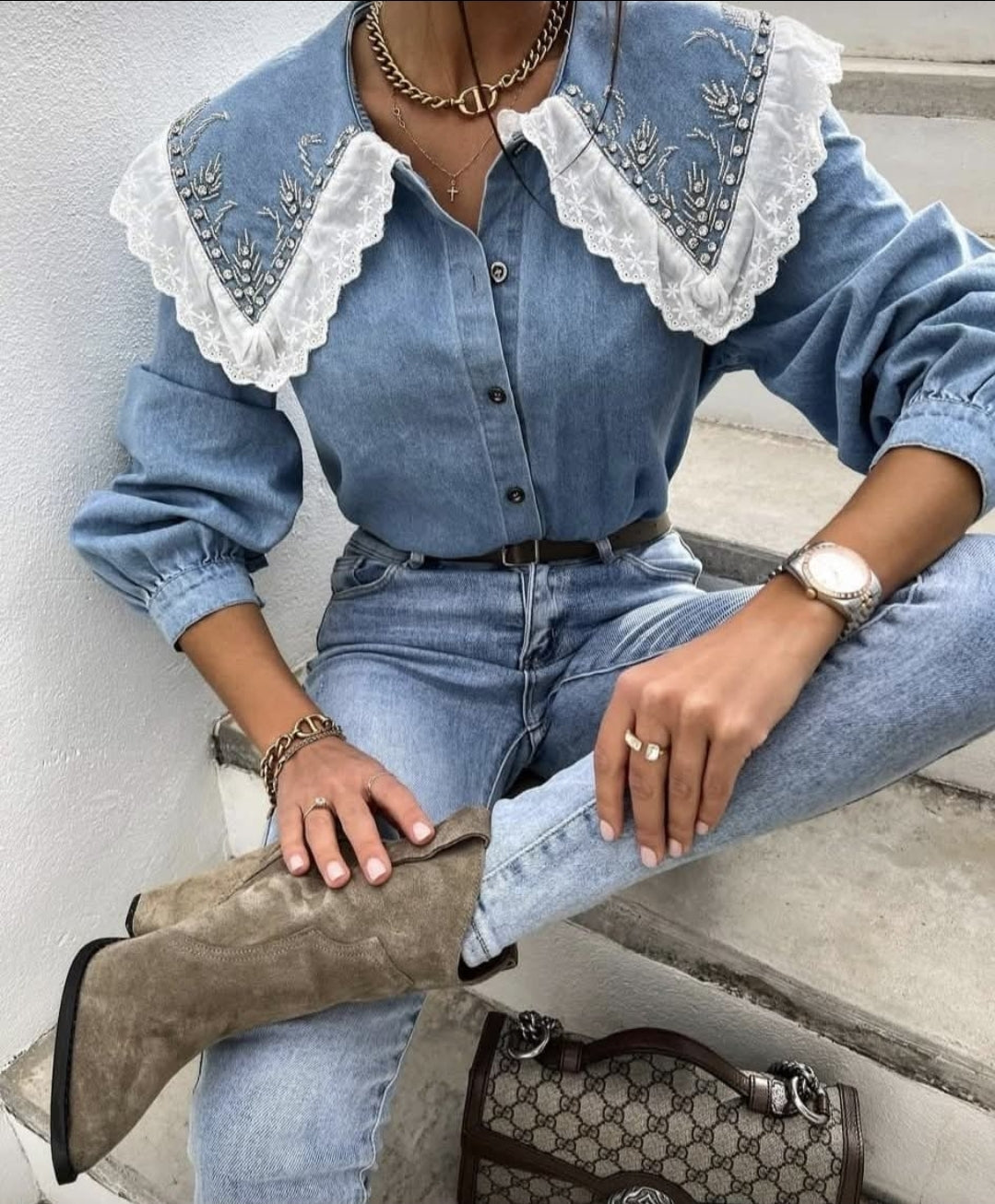 Denim Shirt Lace & Dimonds