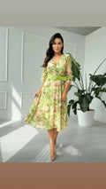 Green Beige Shiffon Dress with Belt
