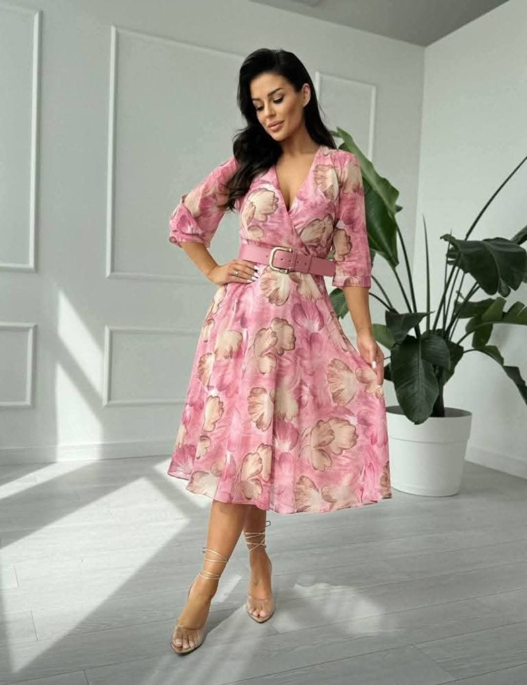 Pink Beige Shiffon Dress with Belt