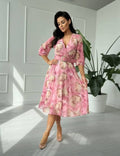 Pink Beige Shiffon Dress with Belt